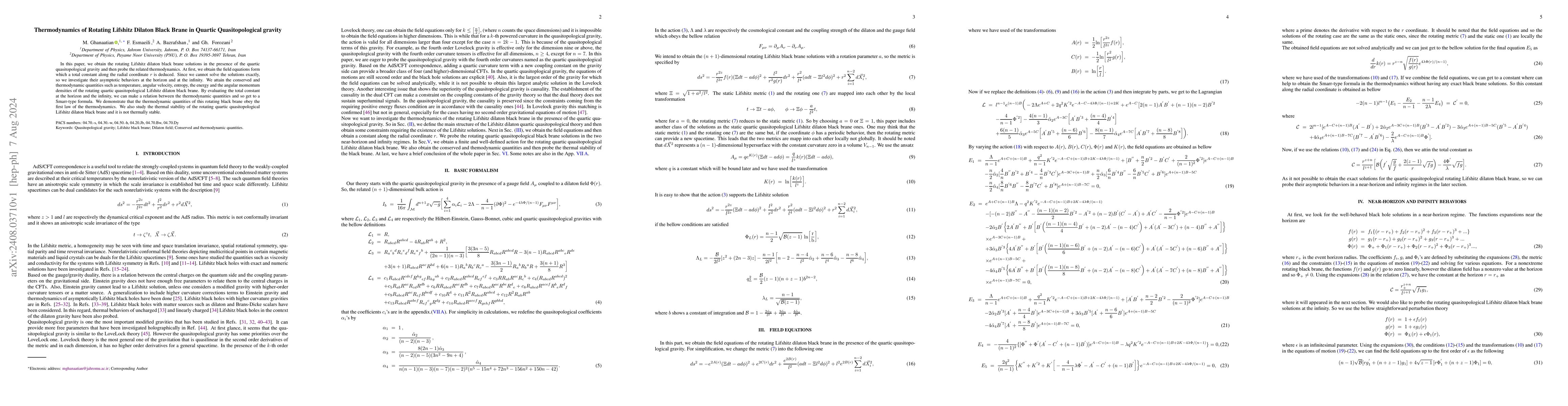 Thumbnail for Thermodynamics of Rotating Lifshitz Dilaton Black Brane in Quartic
  Quasitopological gravity