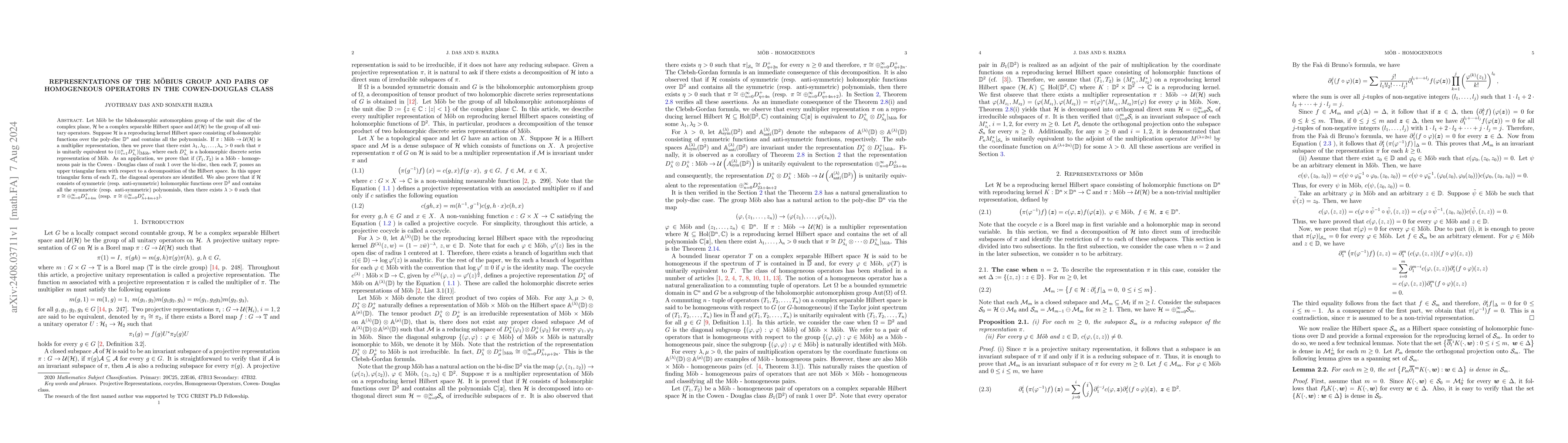 Thumbnail for Representations of the Möbius group and pairs of homogeneous operators
  in the Cowen-Douglas class
