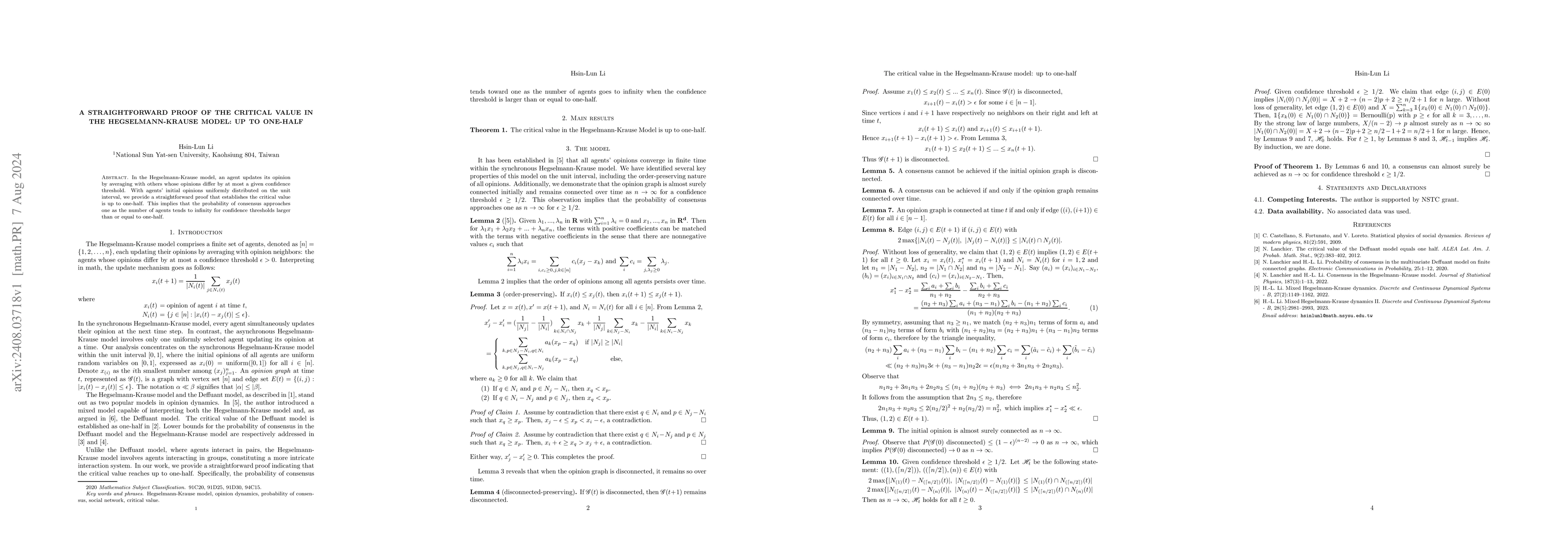 Thumbnail for A straightforward proof of the critical value in the Hegselmann-Krause
  model: up to one-half