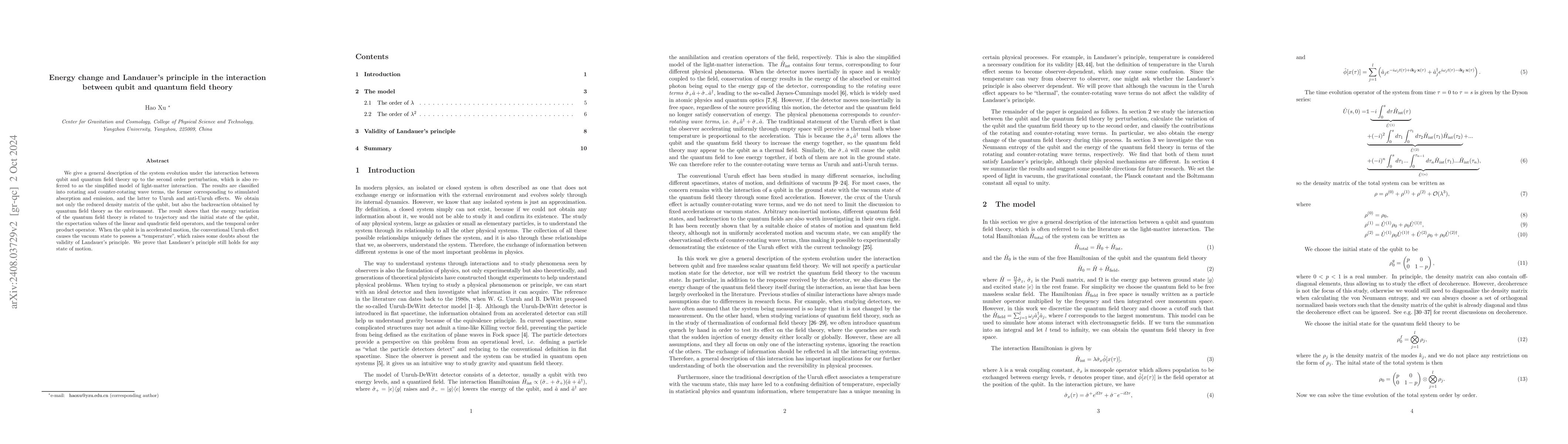 Thumbnail for Energy change and Landauer's principle in the interaction between qubit
  and quantum field theory