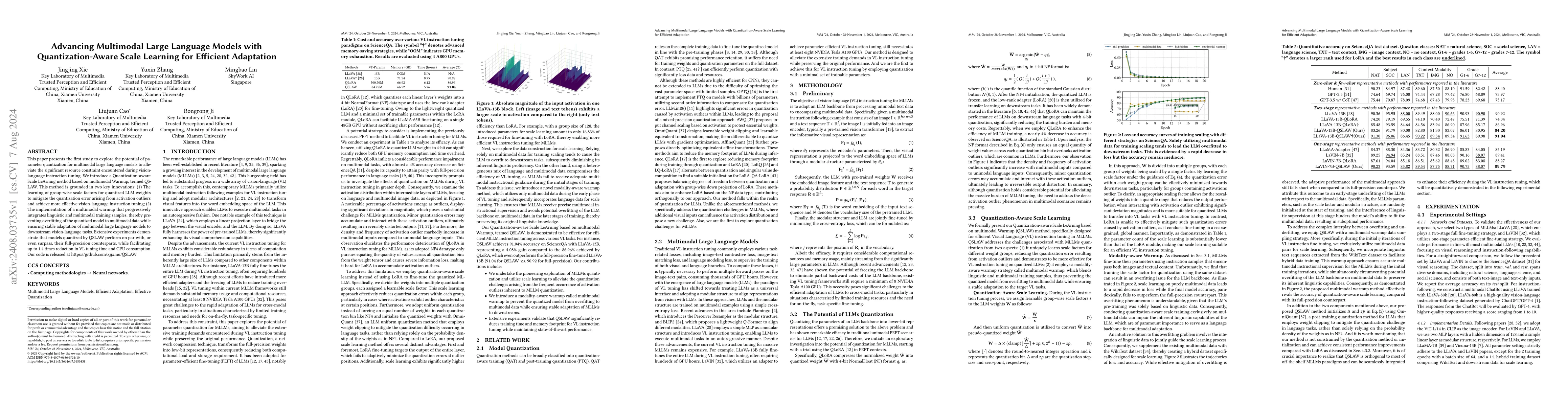 Thumbnail for Advancing Multimodal Large Language Models with Quantization-Aware Scale
  Learning for Efficient Adaptation