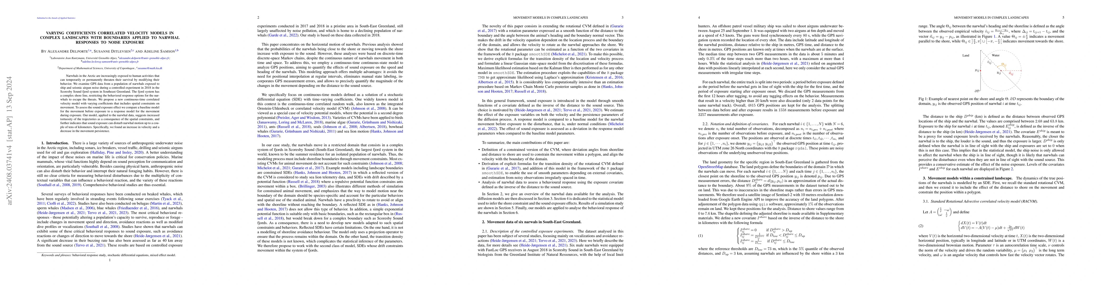 Thumbnail for Varying coefficients correlated velocity models in complex landscapes
  with boundaries applied to narwhal responses to noise exposure