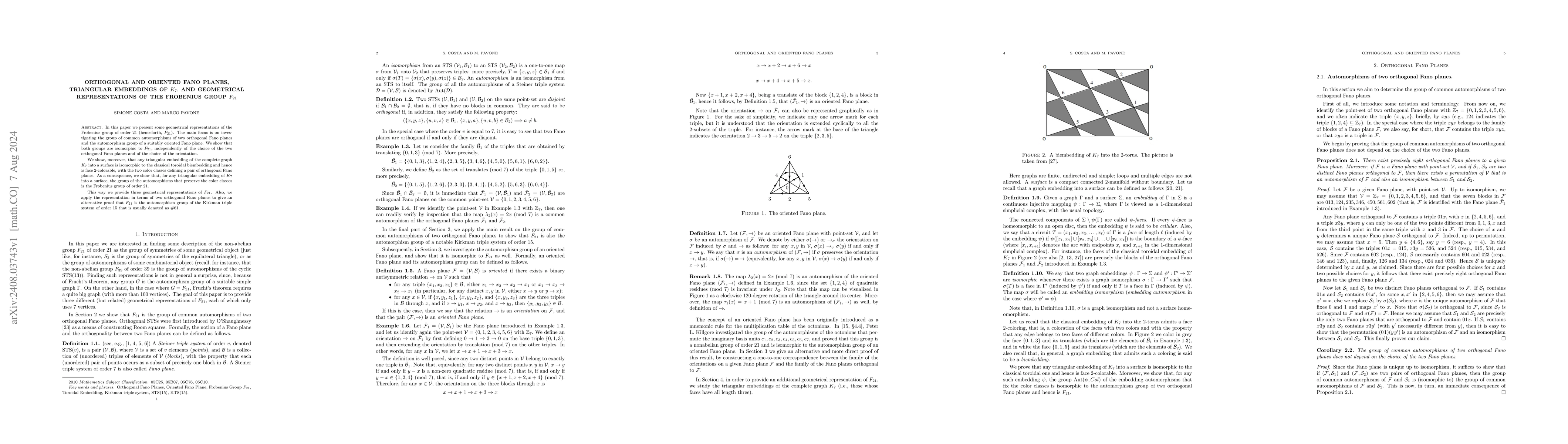 Thumbnail for Orthogonal and oriented Fano planes, triangular embeddings of $K_7,$ and
  geometrical representations of the Frobenius group $F_{21}$