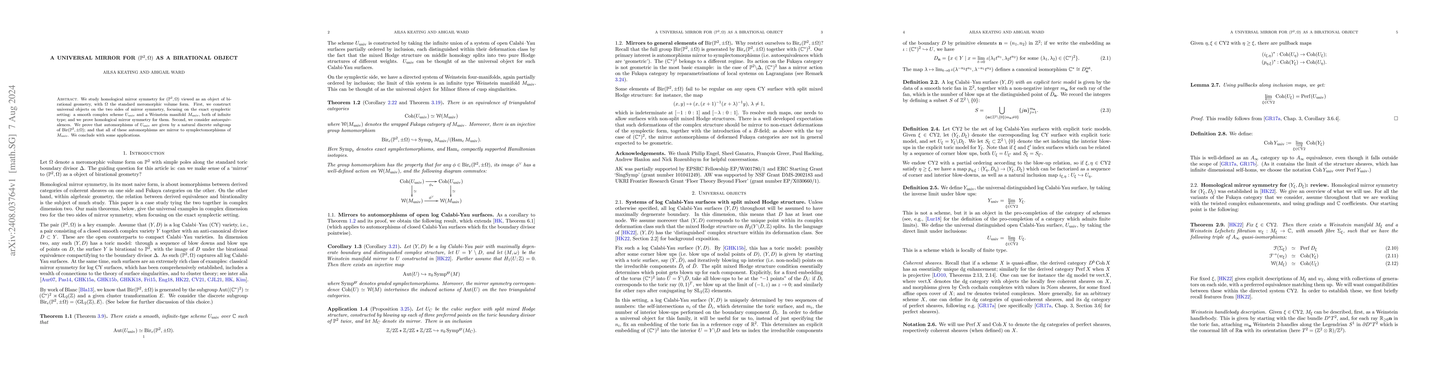 Thumbnail for A universal mirror to $(\mathbb{P}^2, Ω)$ as a birational object