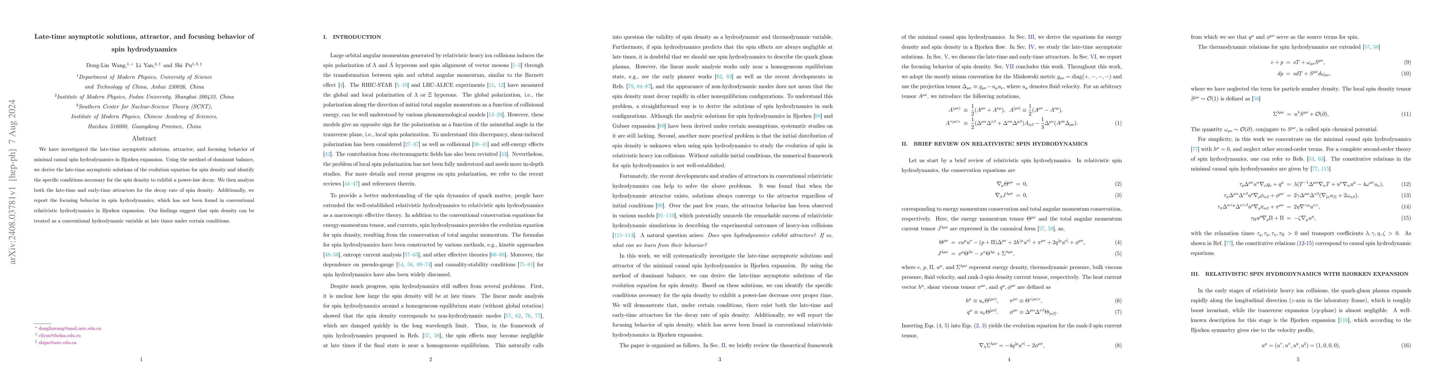 Thumbnail for Late-time asymptotic solutions, attractor, and focusing behavior of spin
  hydrodynamics