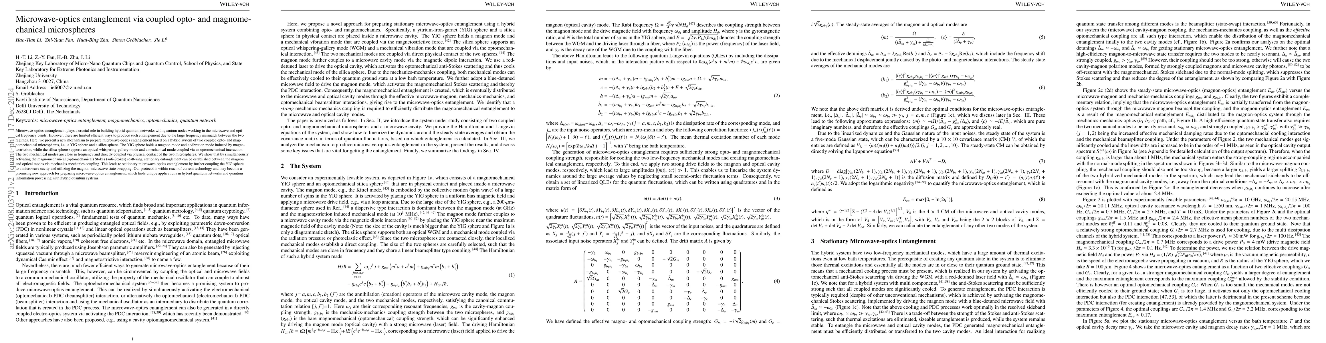 Thumbnail for Microwave-optics entanglement via coupled opto- and magnomechanical
  microspheres