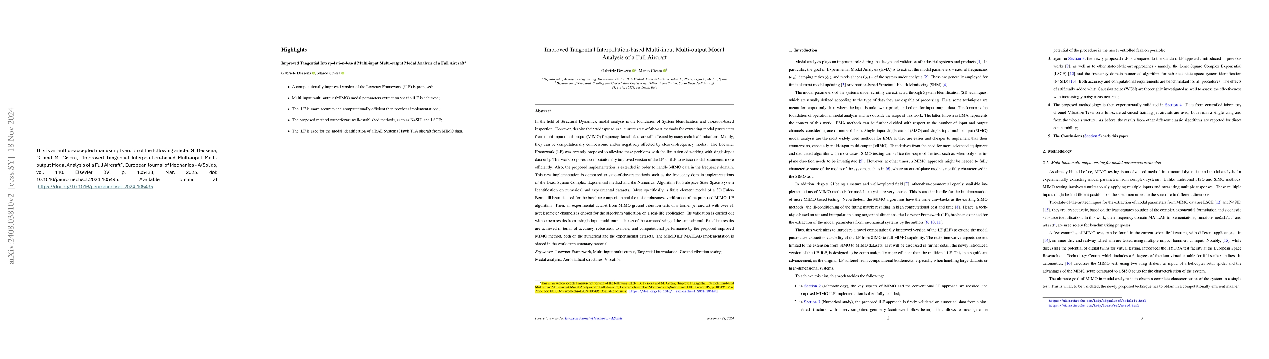 Thumbnail for Improved Tangential Interpolation-based Multi-input Multi-output Modal
  Analysis of a Full Aircraft