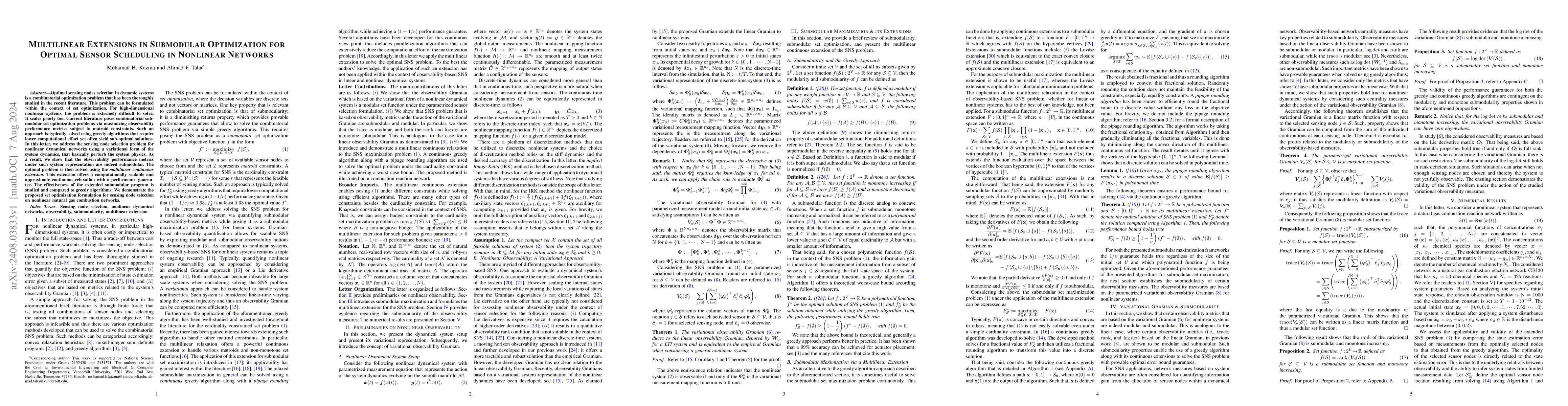 Thumbnail for Multilinear Extensions in Submodular Optimization for Optimal Sensor
  Scheduling in Nonlinear Networks