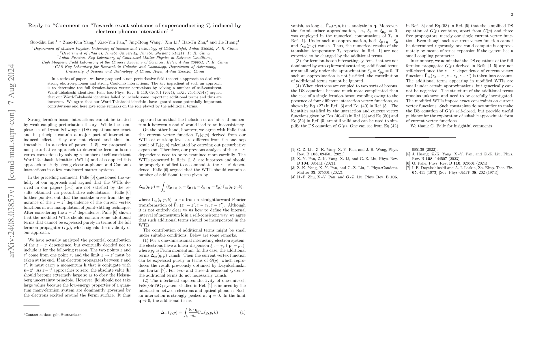 Thumbnail for Reply to "Comment on `Towards exact solutions of superconducting $T_c$
  induced by electron-phonon interaction' "