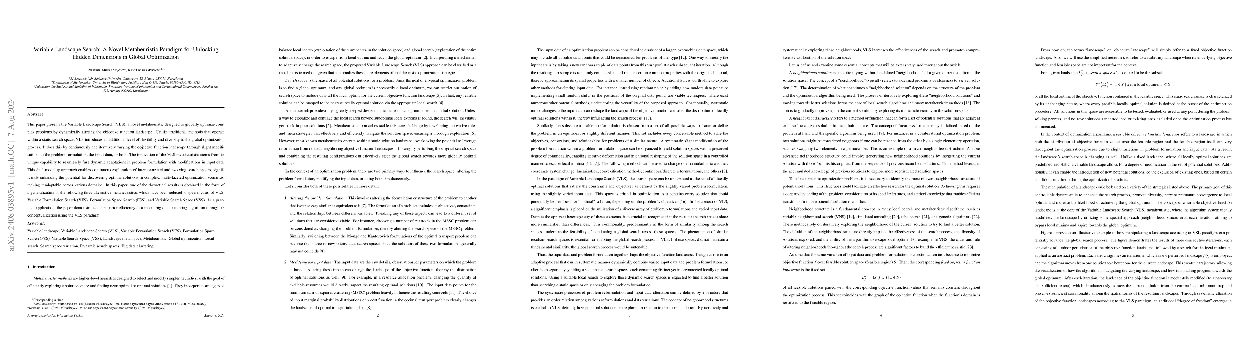 Thumbnail for Variable Landscape Search: A Novel Metaheuristic Paradigm for Unlocking
  Hidden Dimensions in Global Optimization