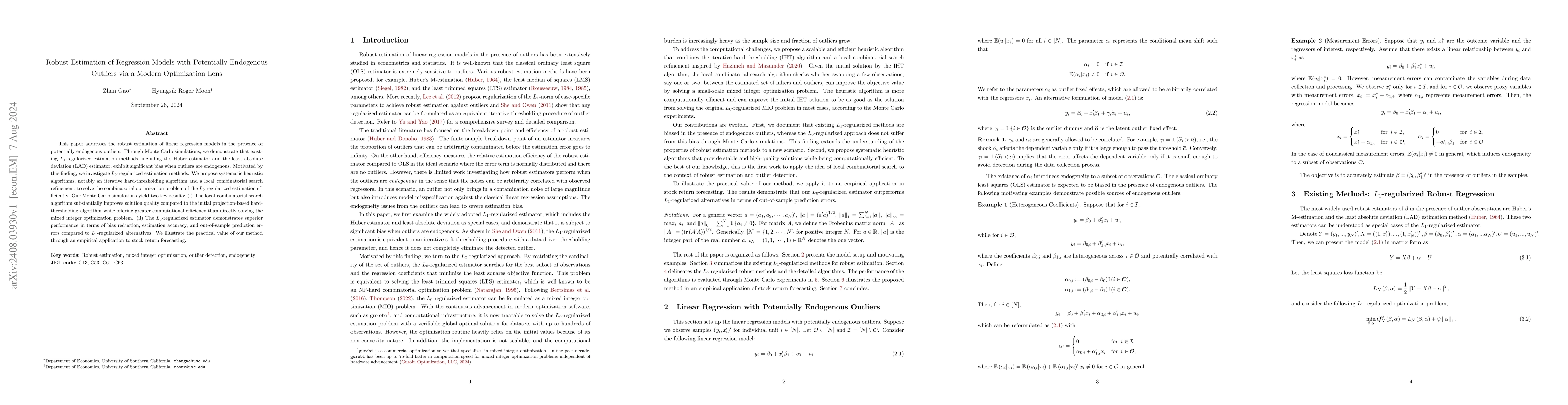 Thumbnail for Robust Estimation of Regression Models with Potentially Endogenous
  Outliers via a Modern Optimization Lens