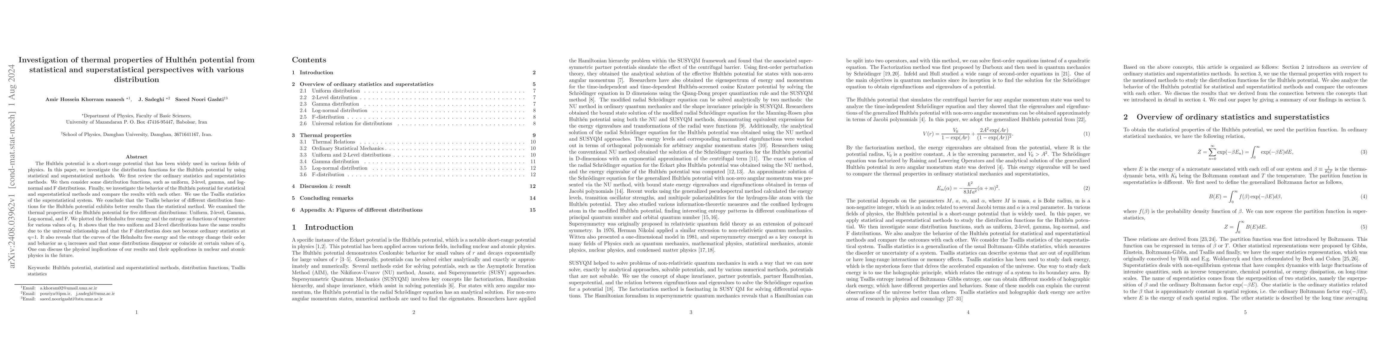 Thumbnail for Investigation of thermal properties of Hulthén potential from
  statistical and superstatistical perspectives with various distributions