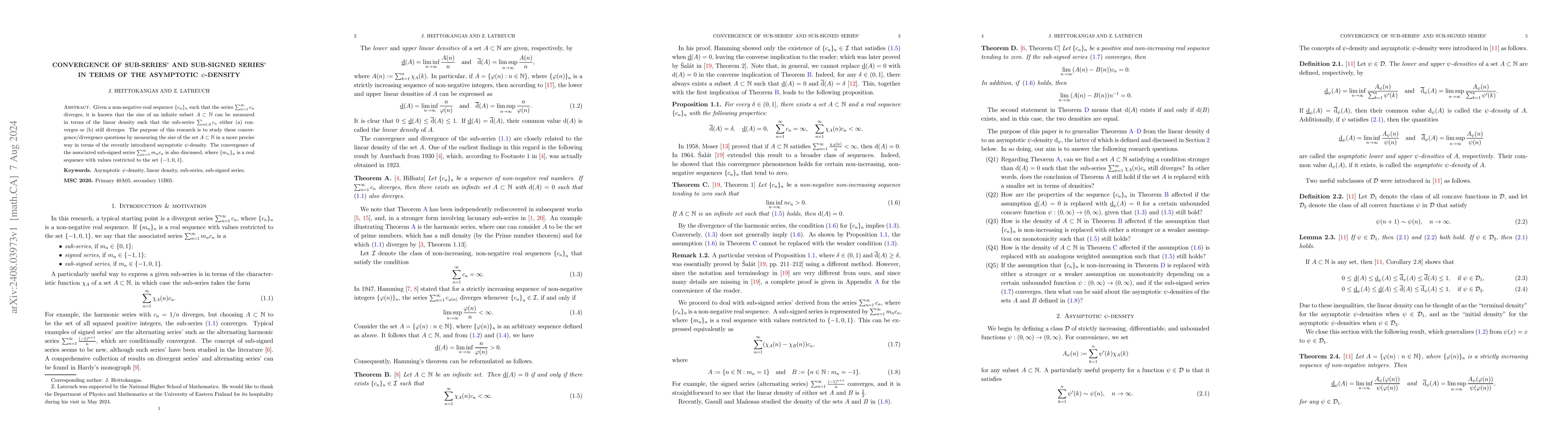 Thumbnail for Convergence of sub-series' and sub-signed series' in terms of the
  asymptotic $ψ$-density