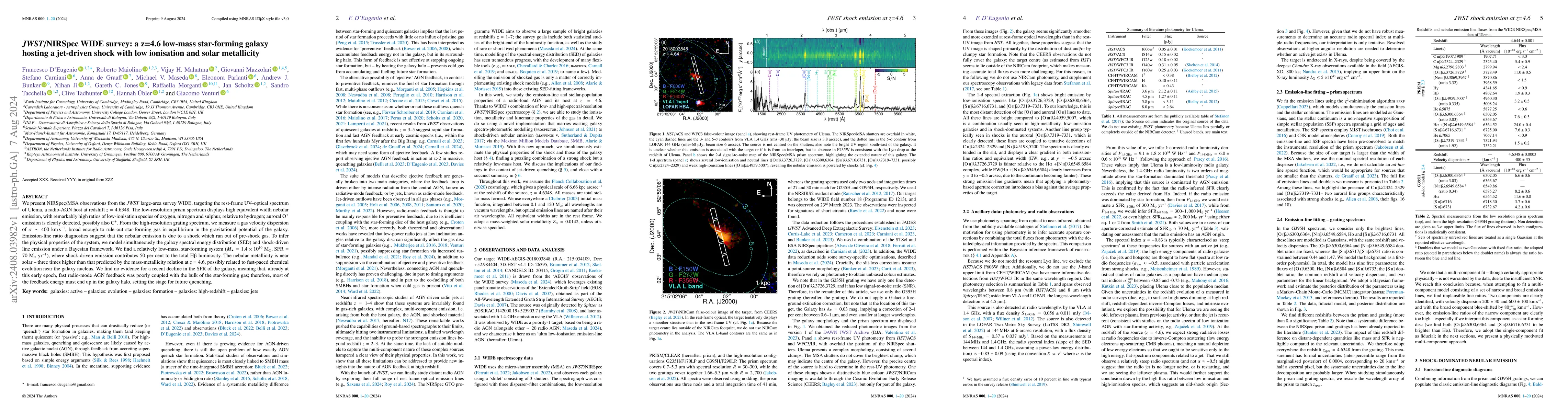 Thumbnail for JWST/NIRSpec WIDE survey: a z=4.6 low-mass star-forming galaxy hosting a
  jet-driven shock with low ionisation and solar metallicity