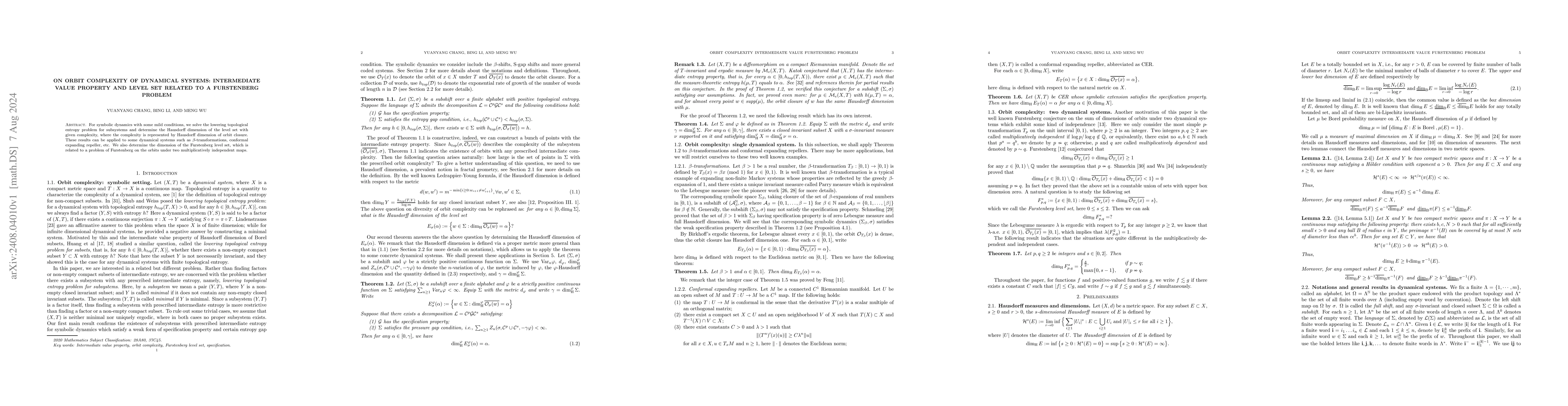 Thumbnail for On orbit complexity of dynamical systems: intermediate value property
  and level set related to a Furstenberg problem