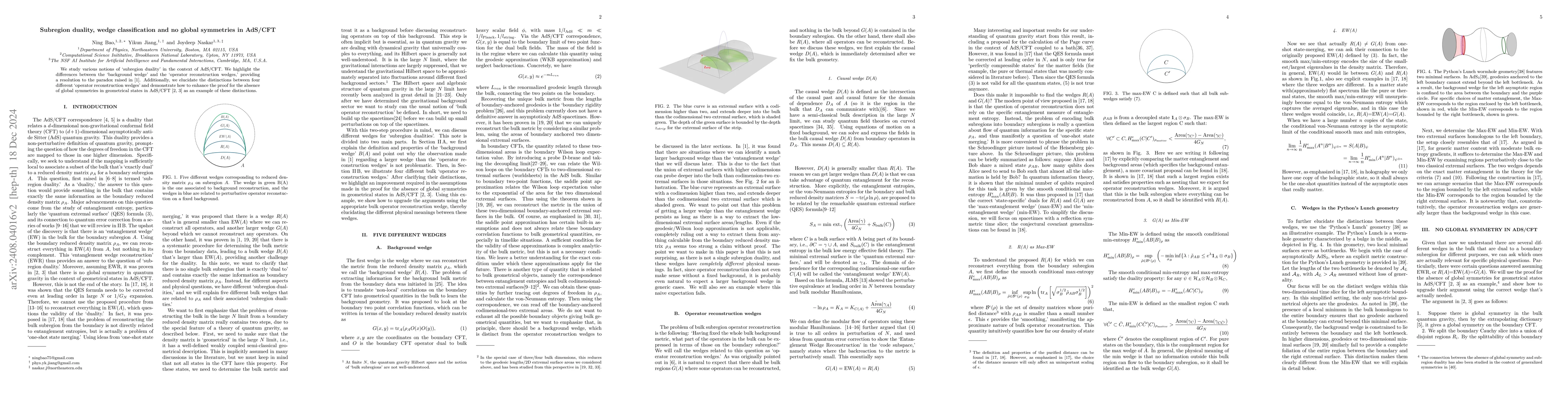 Thumbnail for Subregion duality, wedge classification and no global symmetries in
  AdS/CFT