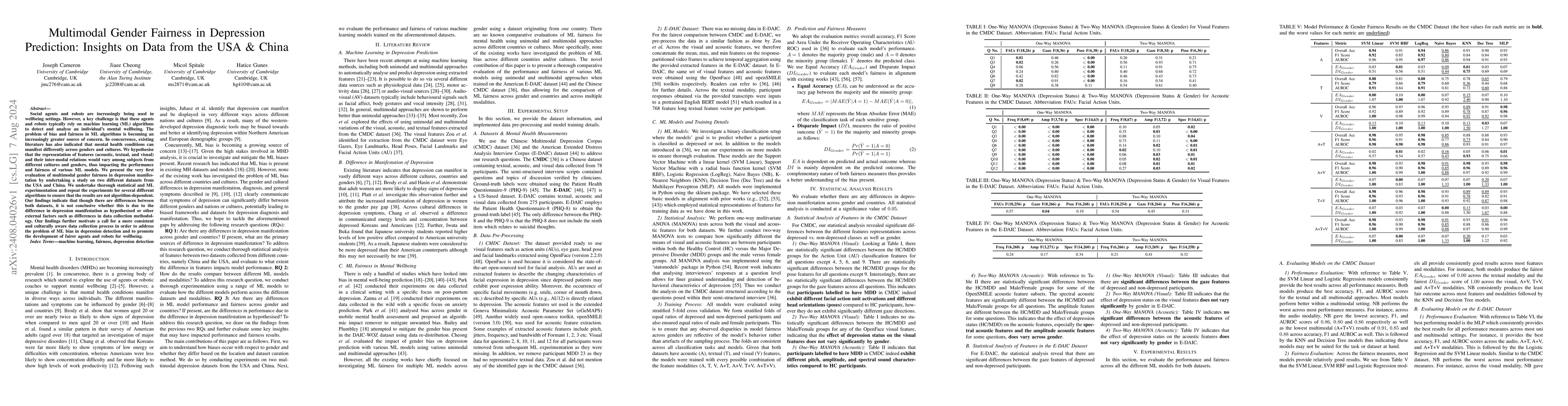 Thumbnail for Multimodal Gender Fairness in Depression Prediction: Insights on Data
  from the USA & China