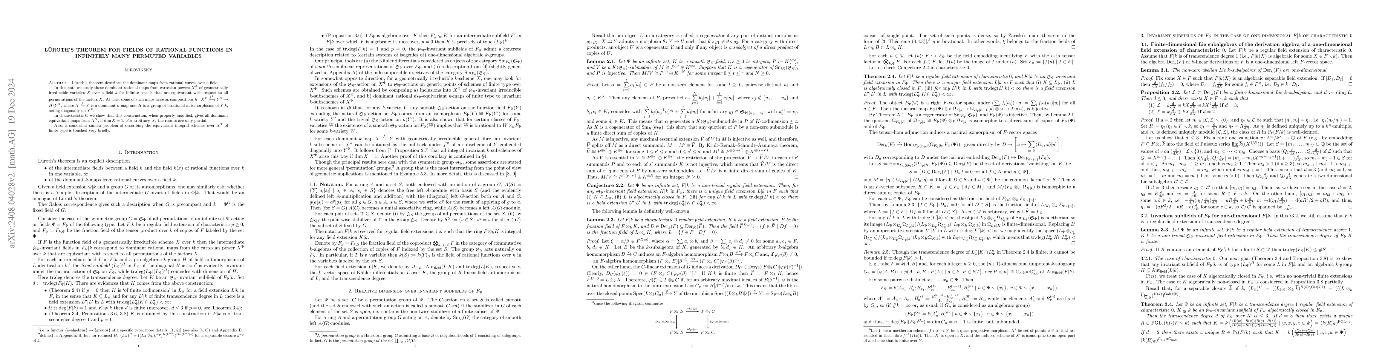 Thumbnail for Lüroth's theorem for fields of rational functions in infinitely many
  permuted variables