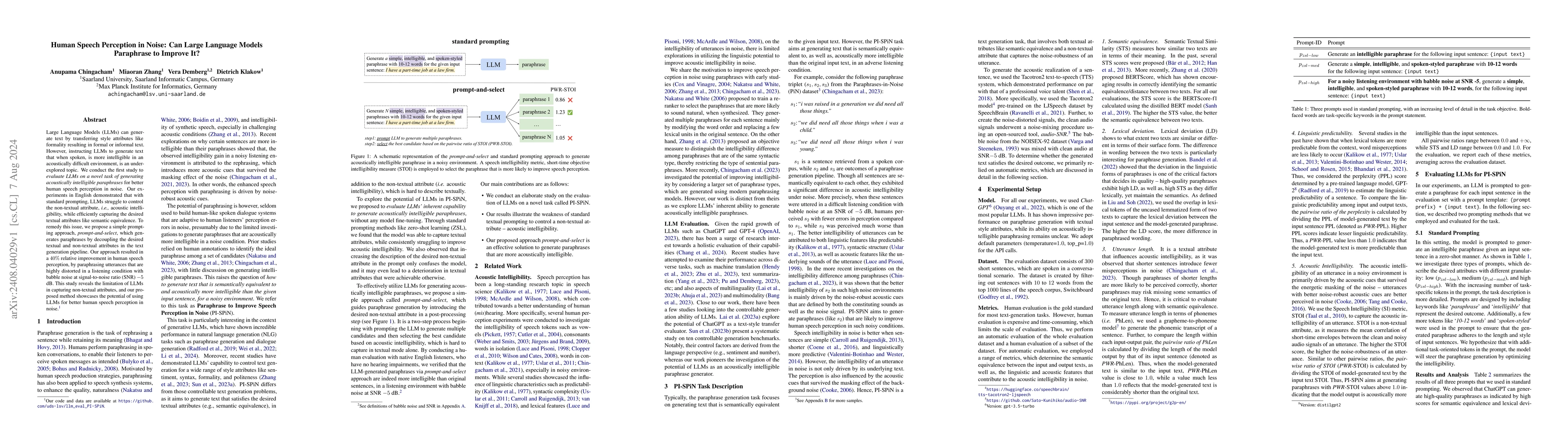 Thumbnail for Human Speech Perception in Noise: Can Large Language Models Paraphrase
  to Improve It?