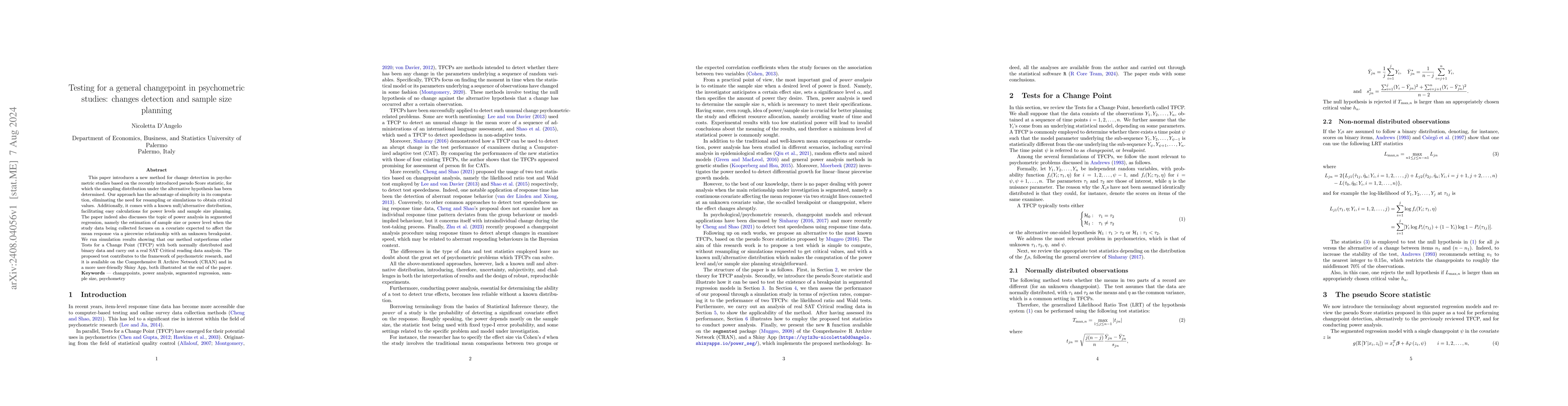 Thumbnail for Testing for a general changepoint in psychometric studies: changes
  detection and sample size planning