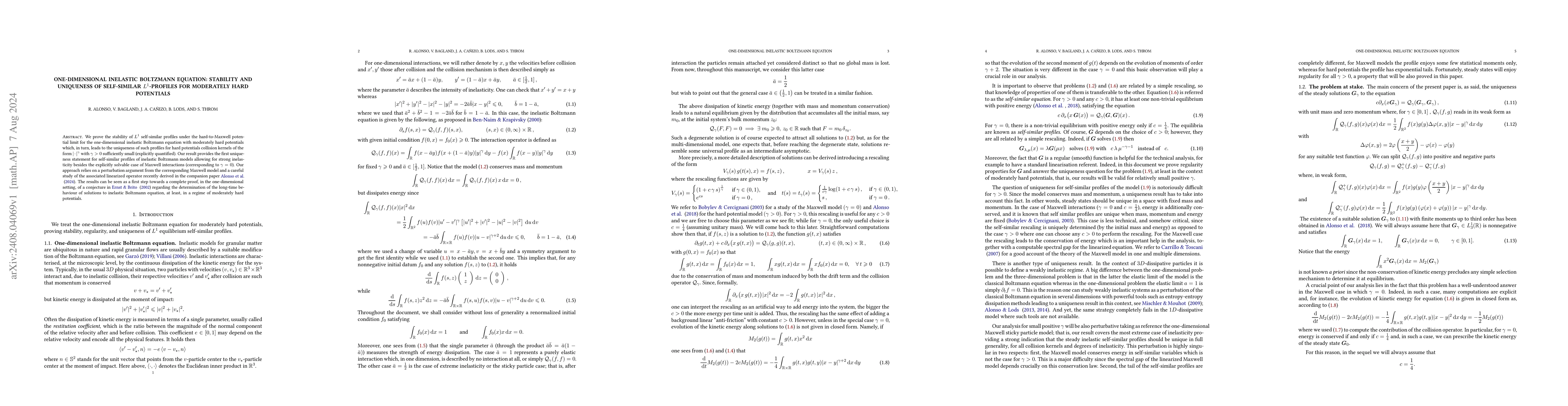 Thumbnail for One-dimensional inelastic Boltzmann equation: Stability and uniqueness
  of self-similar $L^{1}$-profiles for moderately hard potentials