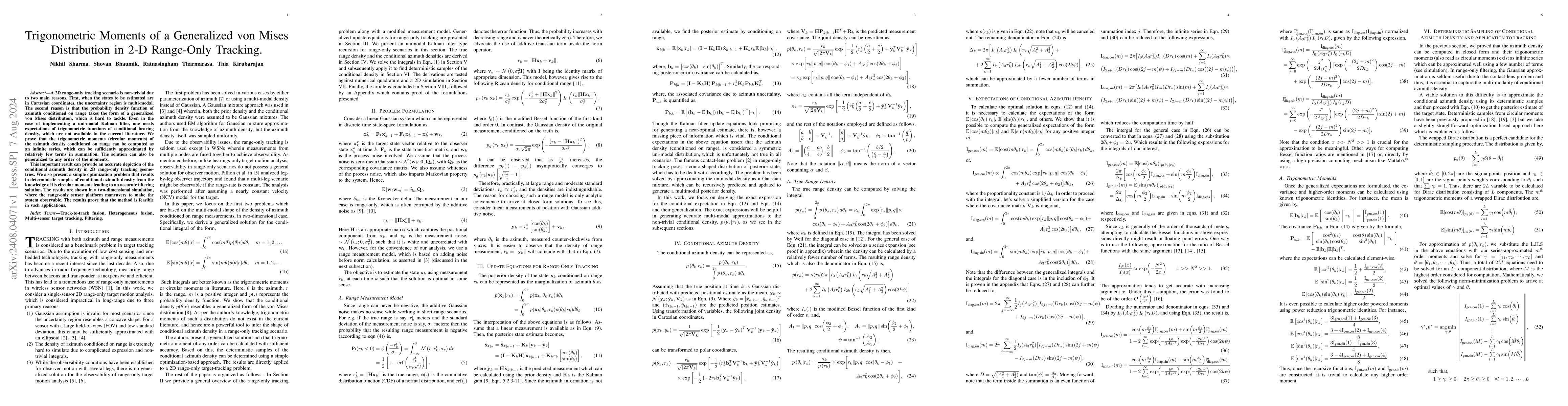 Thumbnail for Trigonometric Moments of a Generalized von Mises Distribution in 2-D
  Range-Only Tracking