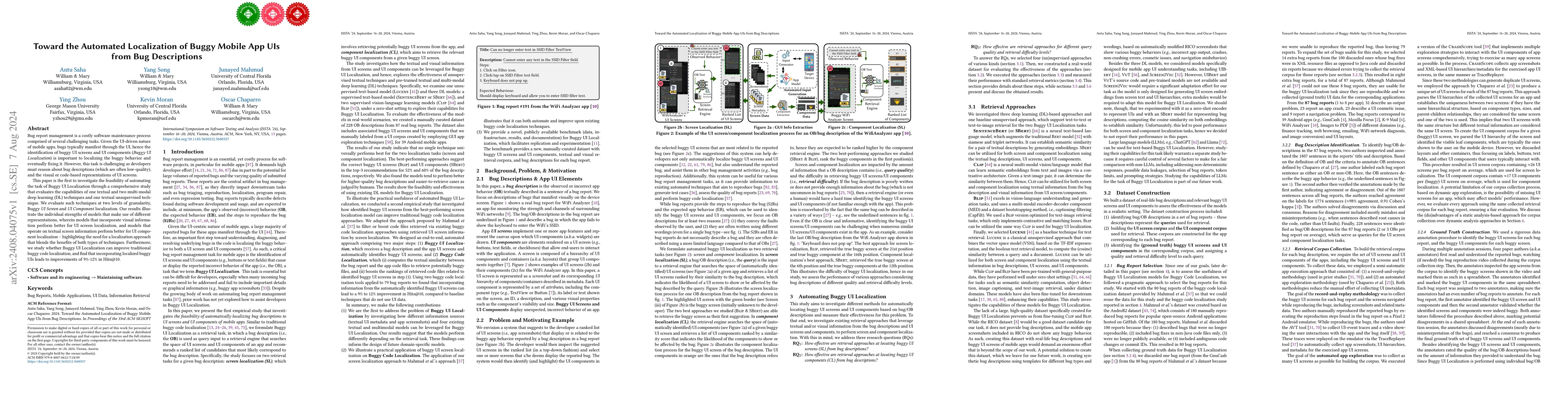 Thumbnail for Toward the Automated Localization of Buggy Mobile App UIs from Bug
  Descriptions