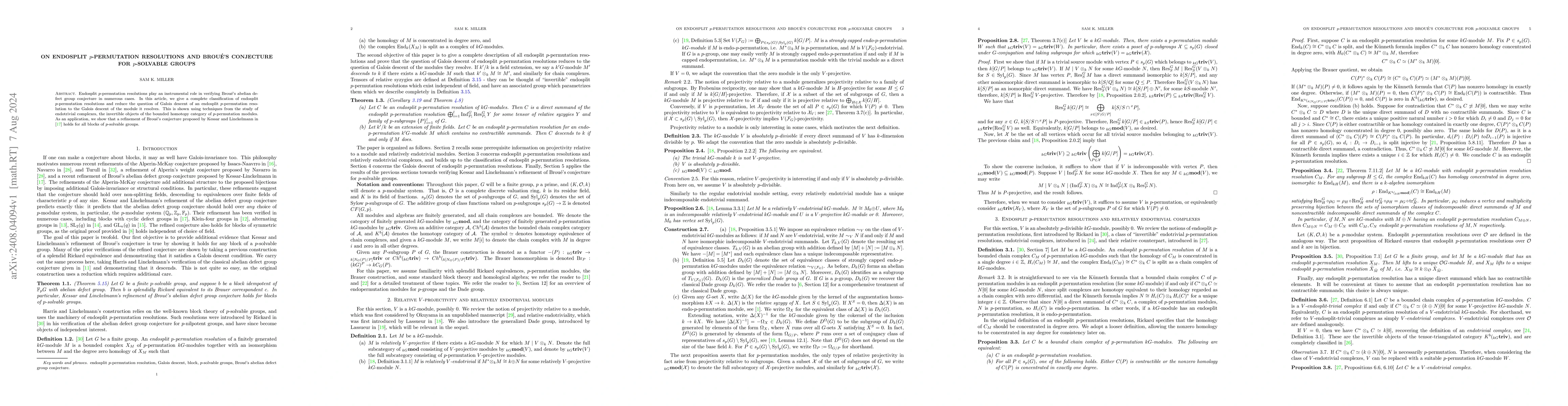 Thumbnail for On endosplit $p$-permutation resolutions and Broué's conjecture for
  $p$-solvable groups