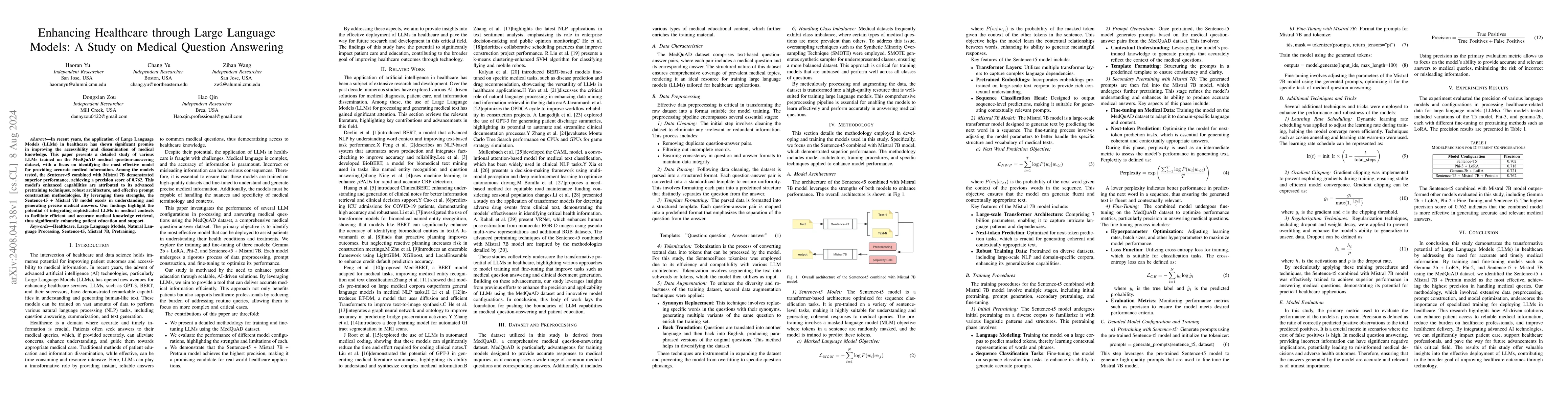 Thumbnail for Enhancing Healthcare through Large Language Models: A Study on Medical
  Question Answering