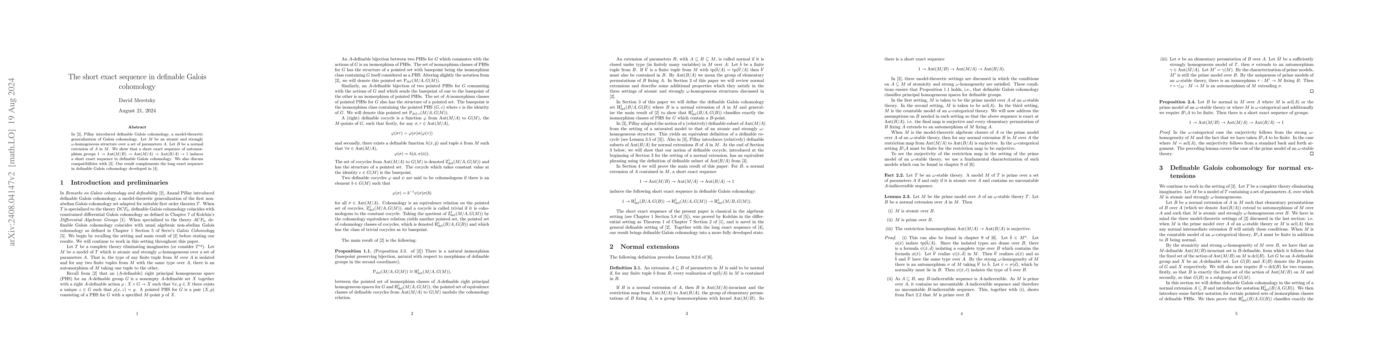 Thumbnail for The short exact sequence in definable Galois cohomology