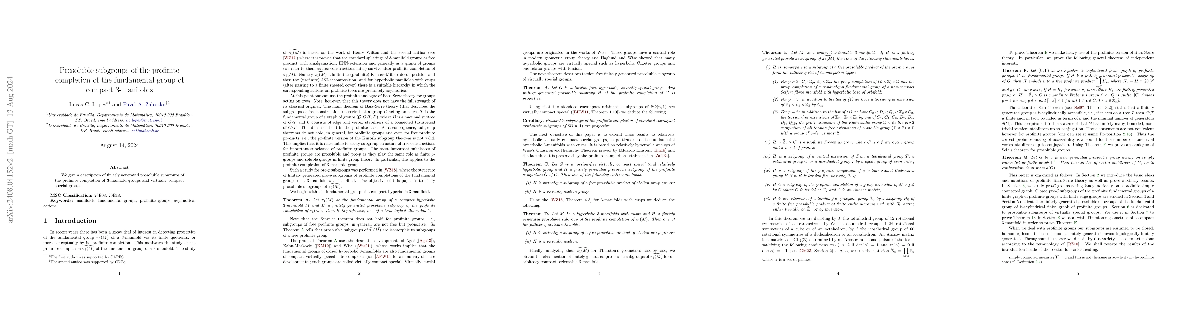 Thumbnail for Prosoluble subgroups of the profinite completion of the fundamental
  group of compact 3-manifolds