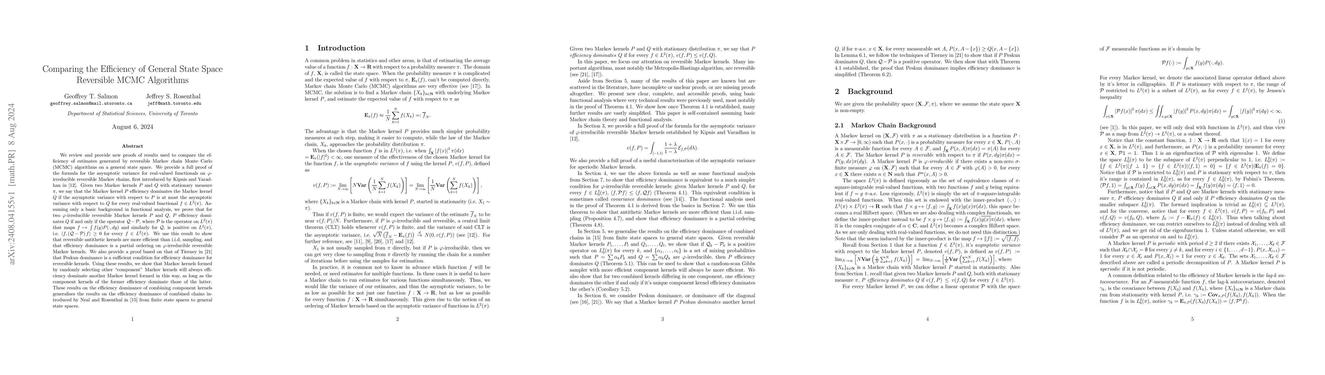 Thumbnail for Comparing the Efficiency of General State Space Reversible MCMC
  Algorithms