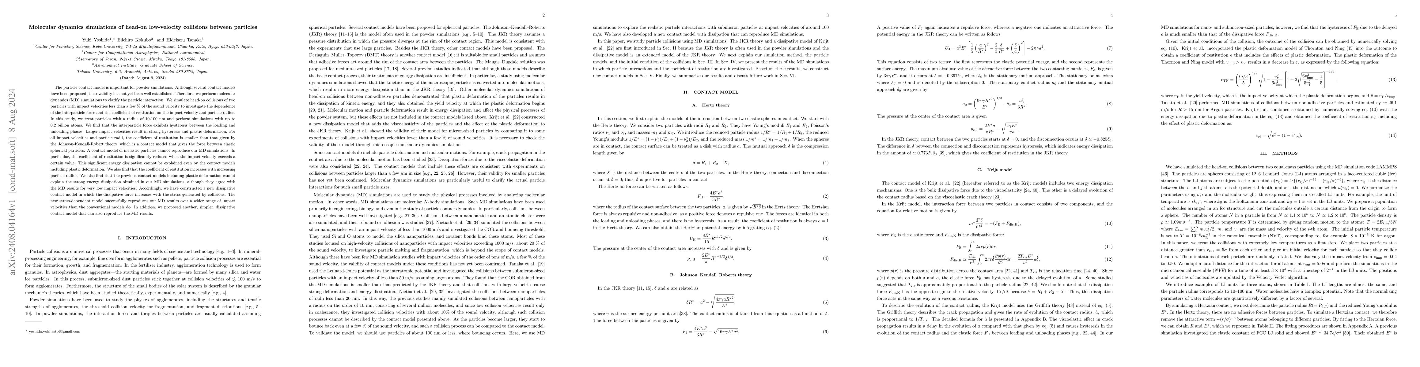 Thumbnail for Molecular dynamics simulations of head-on low-velocity collisions
  between particles