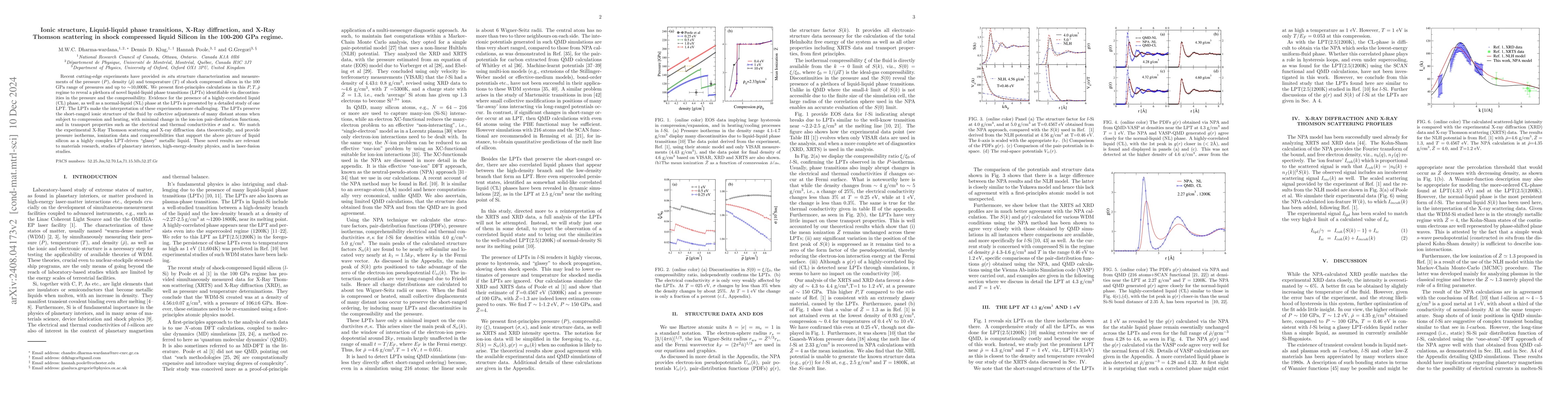 Thumbnail for Ionic structure, Liquid-liquid phase transitions, X-Ray diffraction, and
  X-Ray Thomson scattering in shock compressed liquid Silicon in the 100-200
  GPa regime