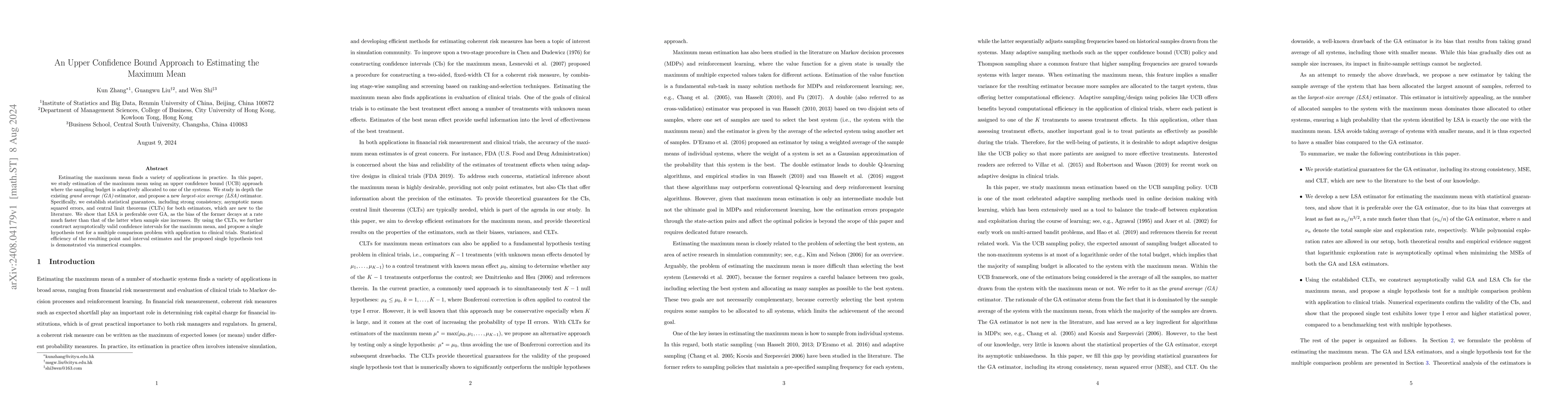 Thumbnail for An Upper Confidence Bound Approach to Estimating the Maximum Mean