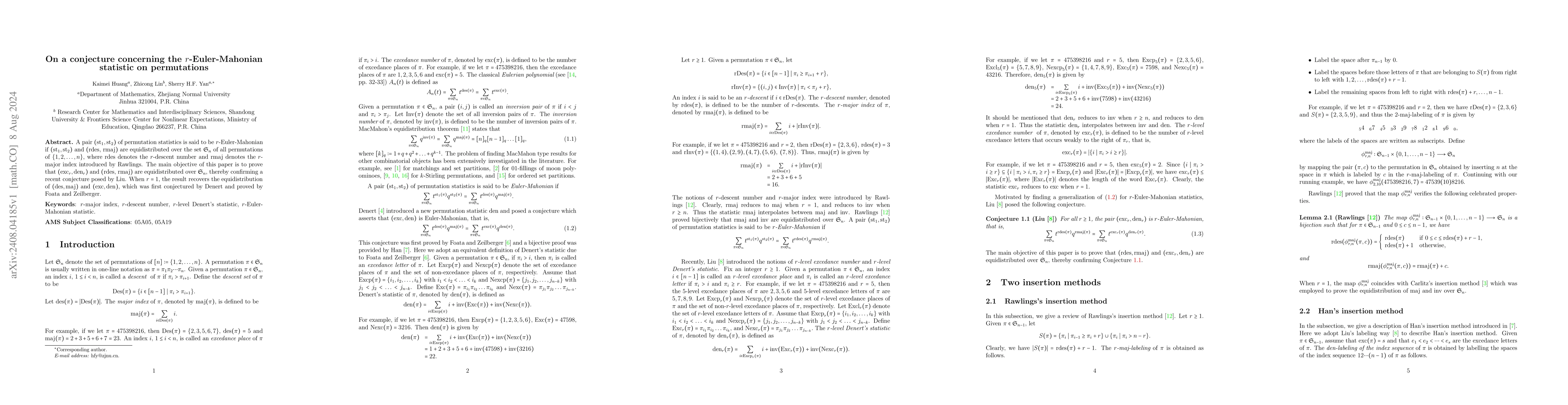 Thumbnail for On a conjecture concerning the $r$-Euler-Mahonian statistic on
  permutations