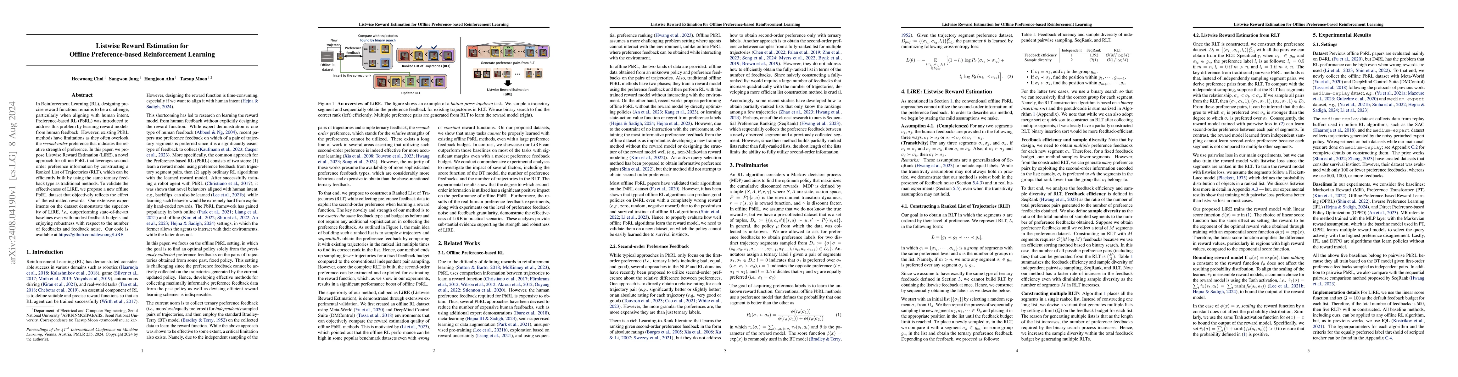 Thumbnail for Listwise Reward Estimation for Offline Preference-based Reinforcement
  Learning