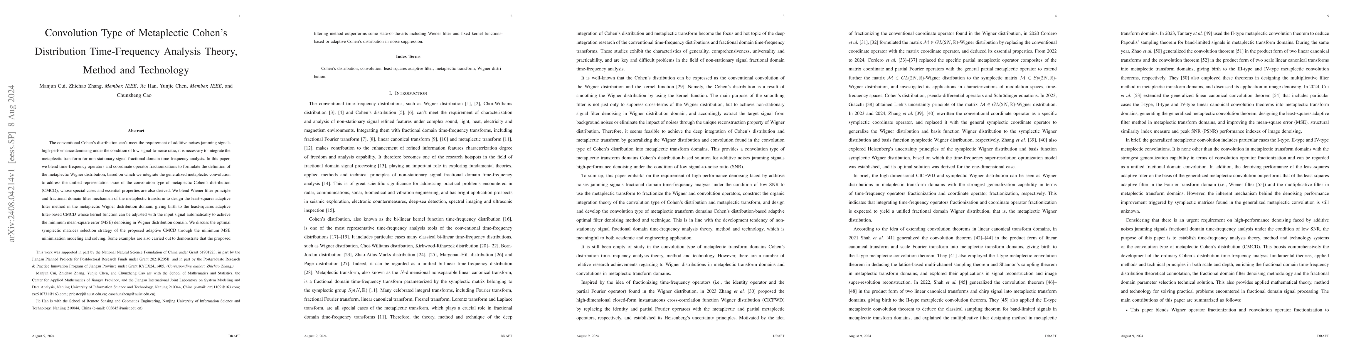 Thumbnail for Convolution Type of Metaplectic Cohen's Distribution Time-Frequency
  Analysis Theory, Method and Technology
