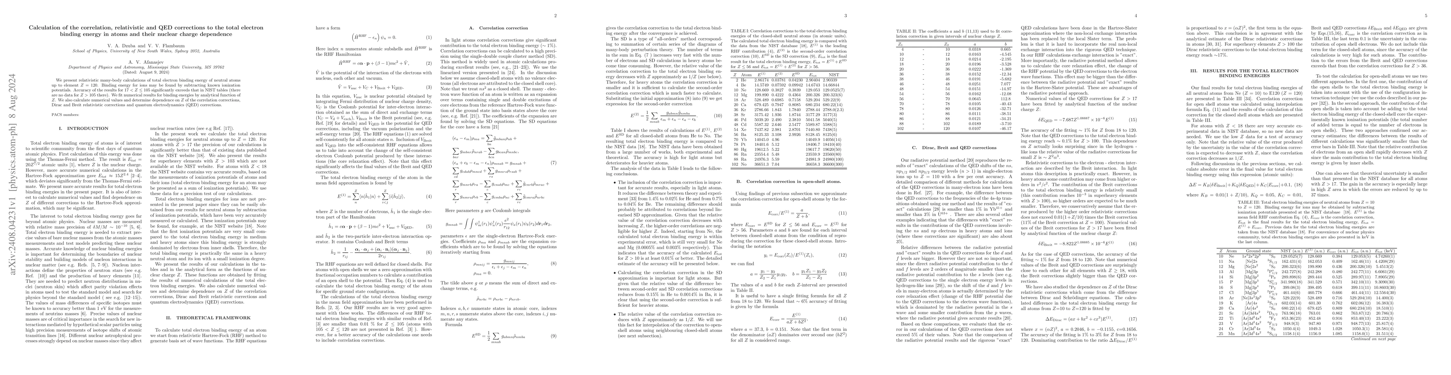 Thumbnail for Calculation of the correlation, relativistic and QED corrections to the
  total electron binding energy in atoms and their nuclear charge dependence