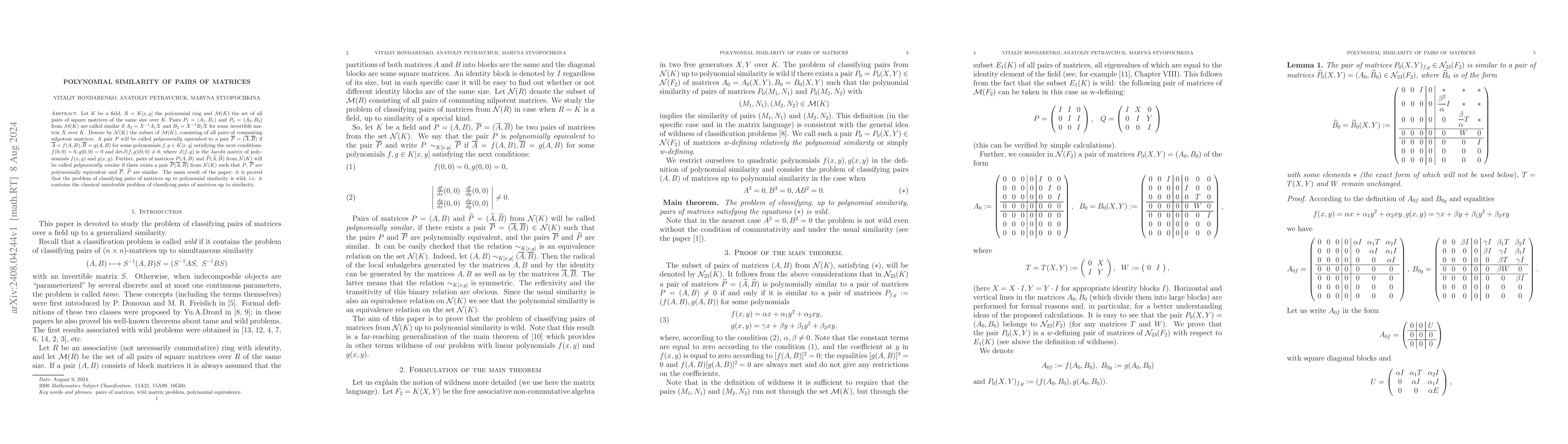 Thumbnail for Polynomial similarity of pairs of matrices