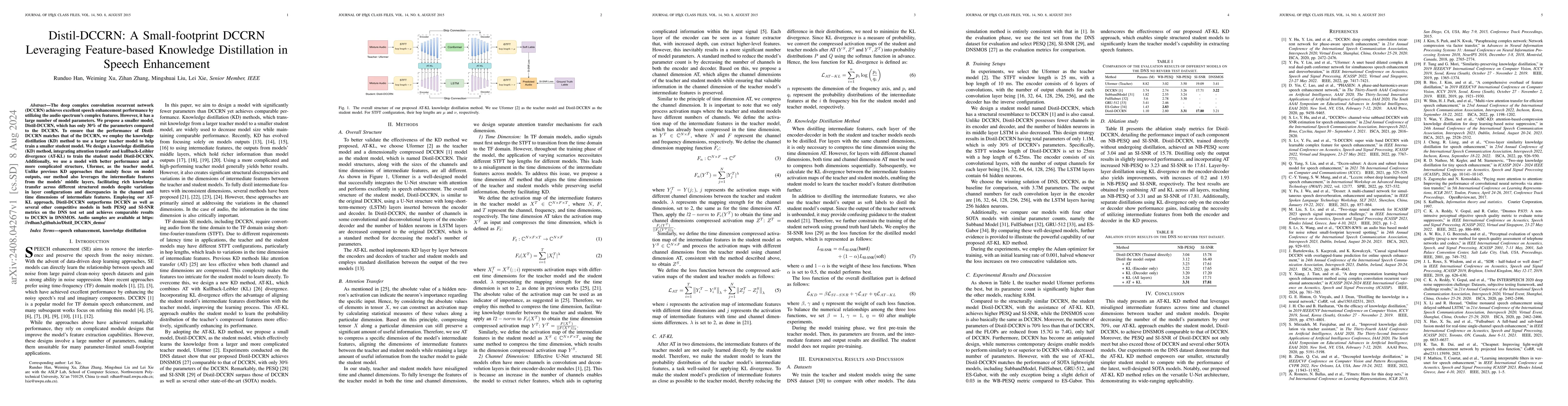 Thumbnail for Distil-DCCRN: A Small-footprint DCCRN Leveraging Feature-based Knowledge
  Distillation in Speech Enhancement
