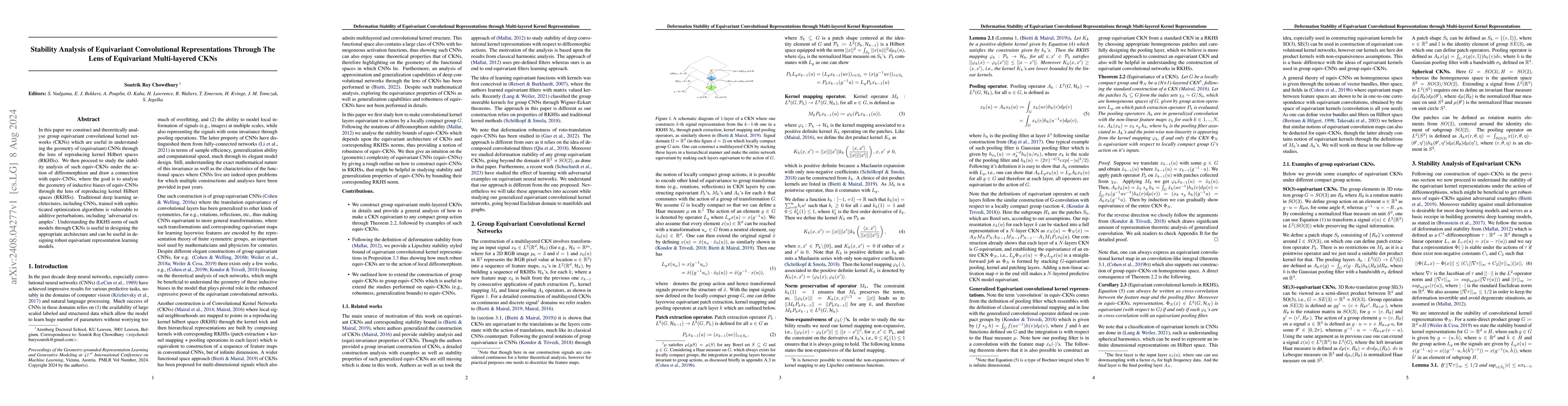 Thumbnail for Stability Analysis of Equivariant Convolutional Representations Through
  The Lens of Equivariant Multi-layered CKNs