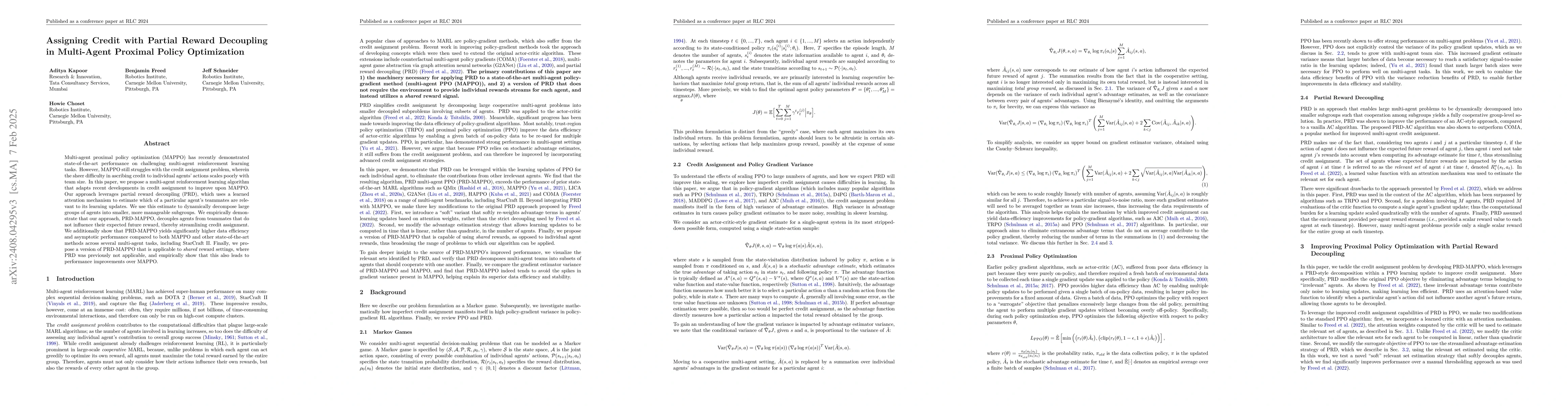 Thumbnail for Assigning Credit with Partial Reward Decoupling in Multi-Agent Proximal
  Policy Optimization