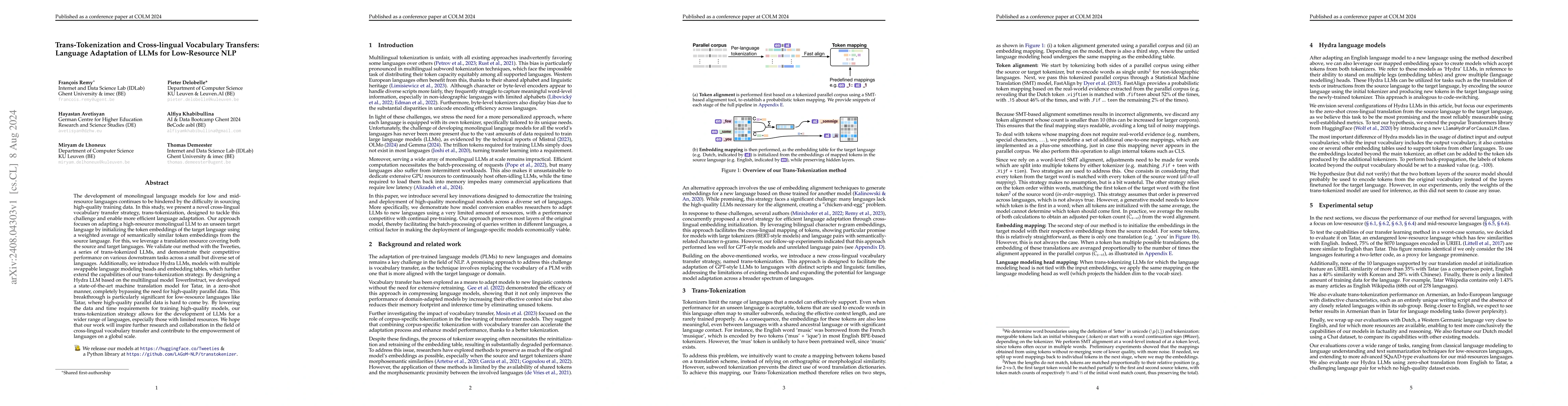 Thumbnail for Trans-Tokenization and Cross-lingual Vocabulary Transfers: Language
  Adaptation of LLMs for Low-Resource NLP