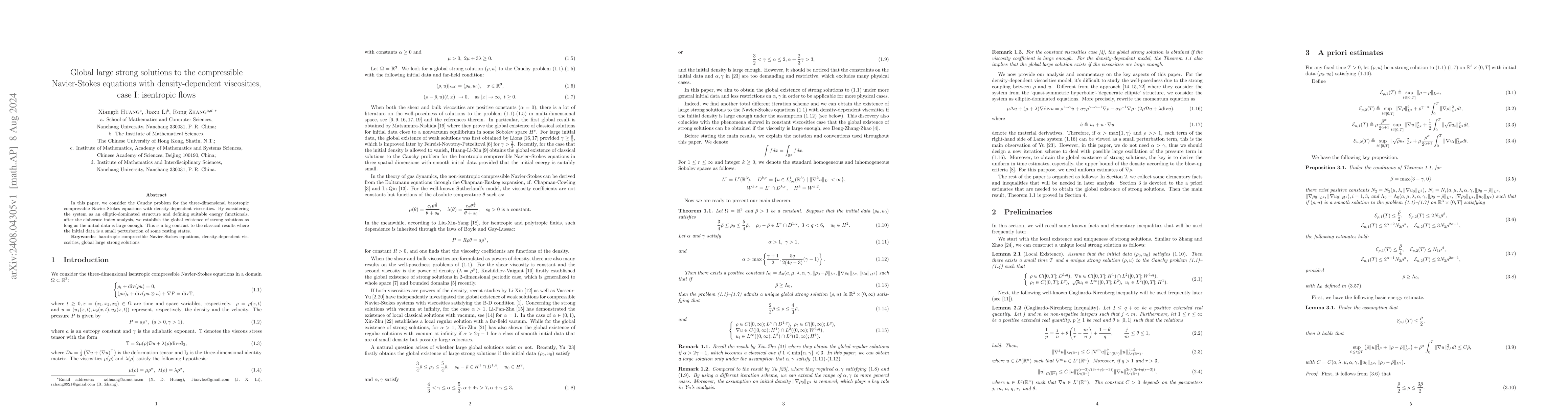 Thumbnail for Global large strong solutions to the compressible Navier-Stokes
  equations with density-dependent viscosities, case I: isentropic flows