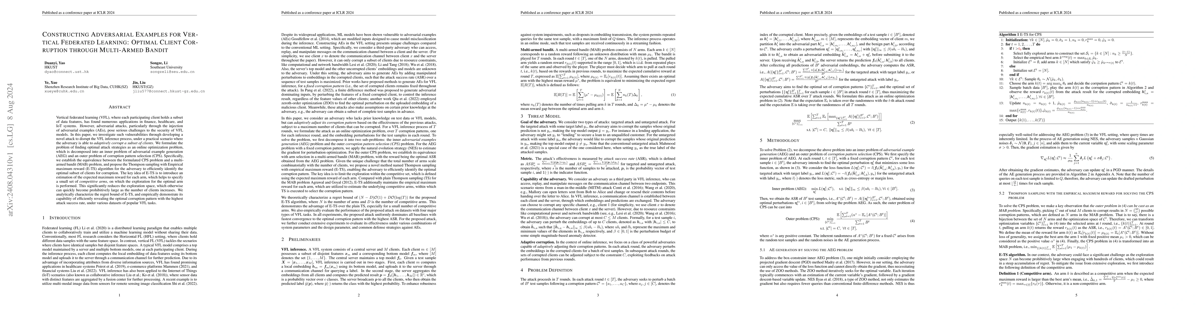 Thumbnail for Constructing Adversarial Examples for Vertical Federated Learning:
  Optimal Client Corruption through Multi-Armed Bandit