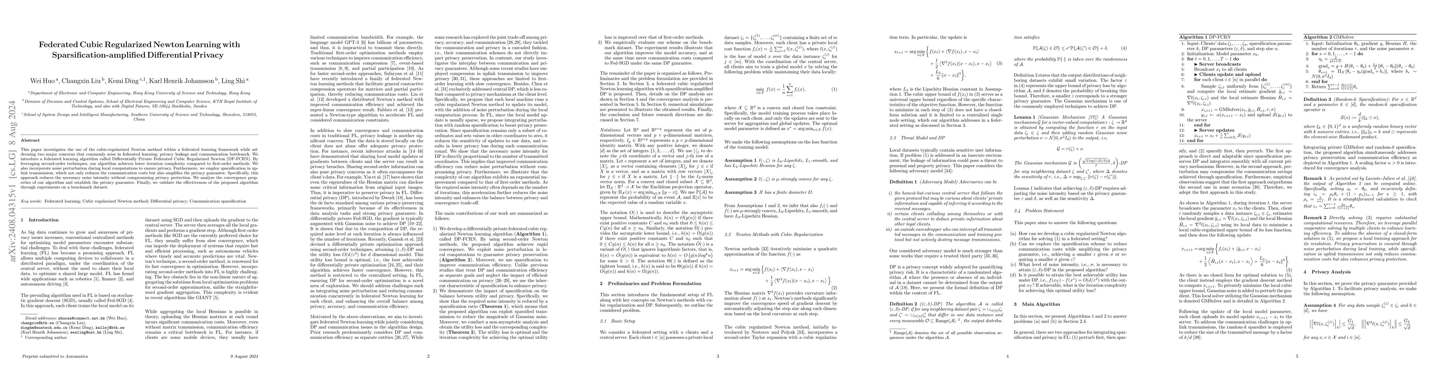 Thumbnail for Federated Cubic Regularized Newton Learning with
  Sparsification-amplified Differential Privacy