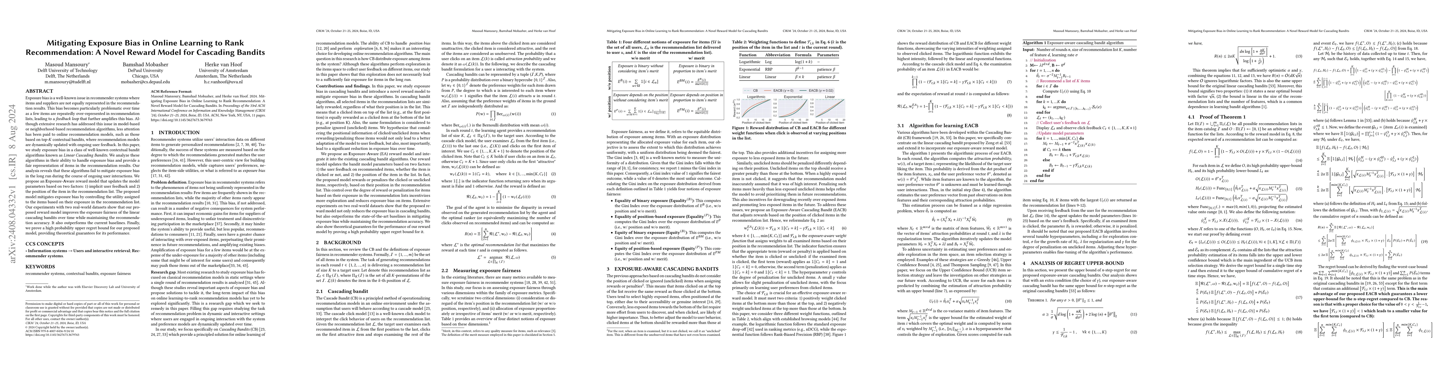 Thumbnail for Mitigating Exposure Bias in Online Learning to Rank Recommendation: A
  Novel Reward Model for Cascading Bandits