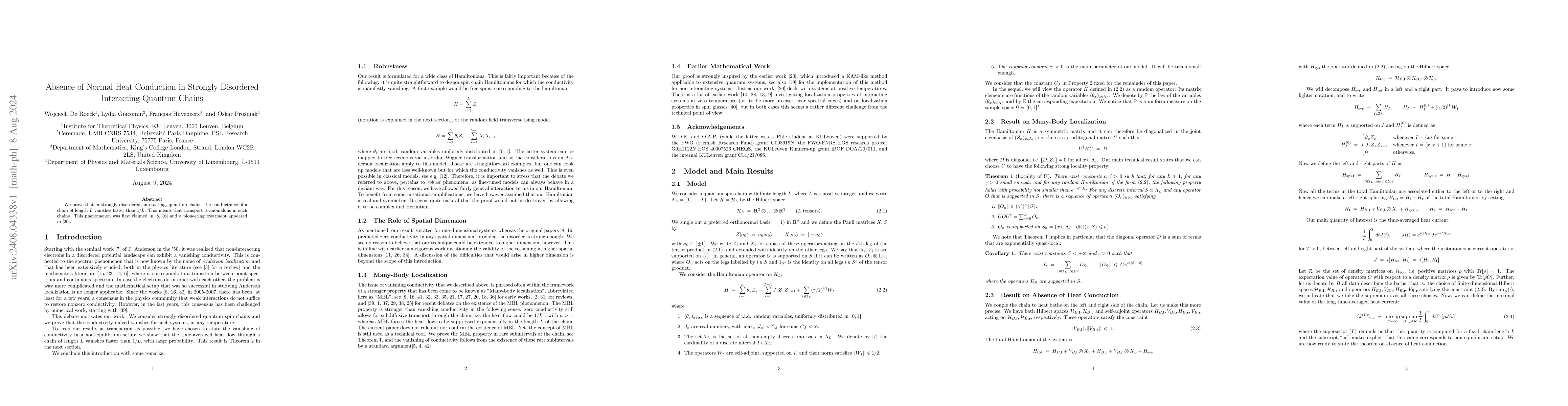 Thumbnail for Absence of Normal Heat Conduction in Strongly Disordered Interacting
  Quantum Chains