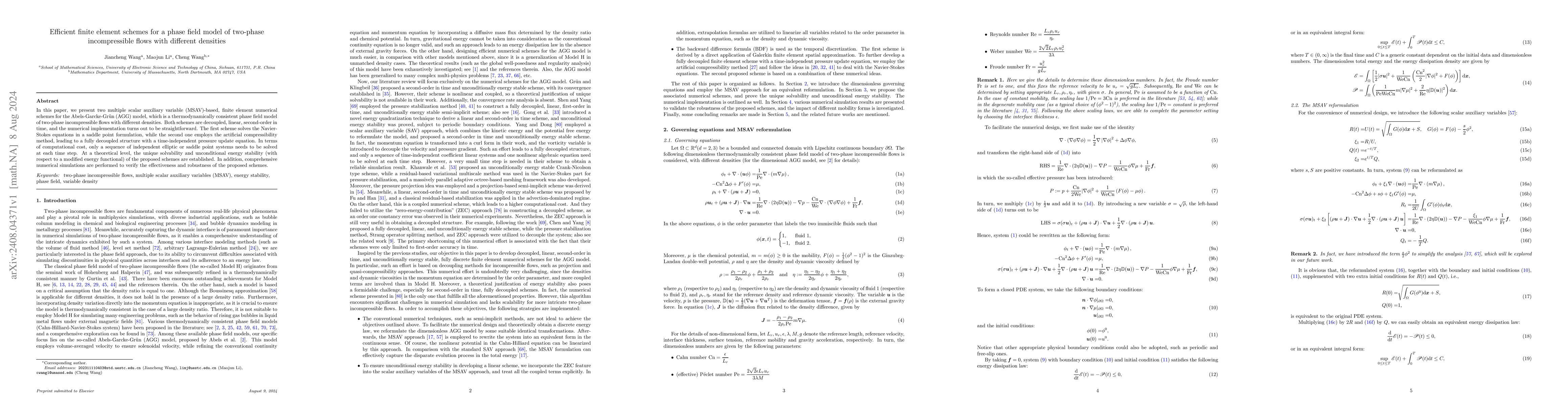 Thumbnail for Efficient finite element schemes for a phase field model of two-phase
  incompressible flows with different densities